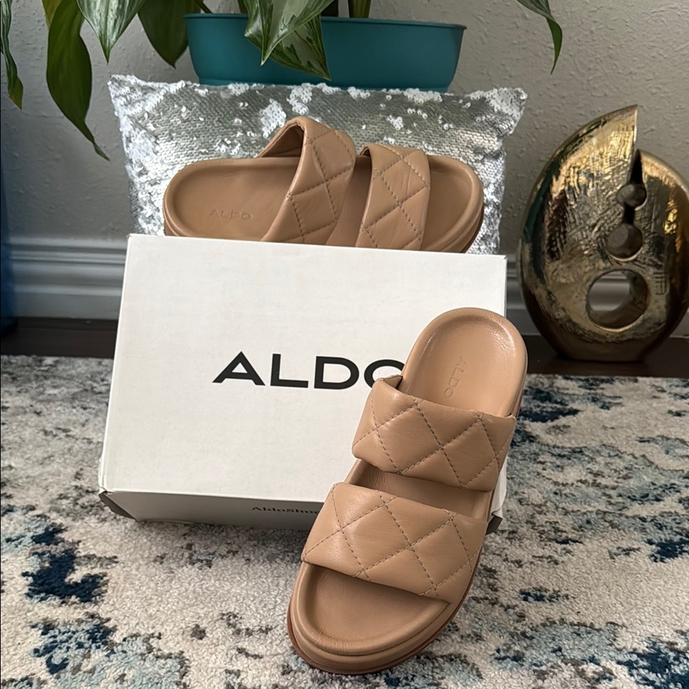 Aldo Beige Quilted Slide Sandals